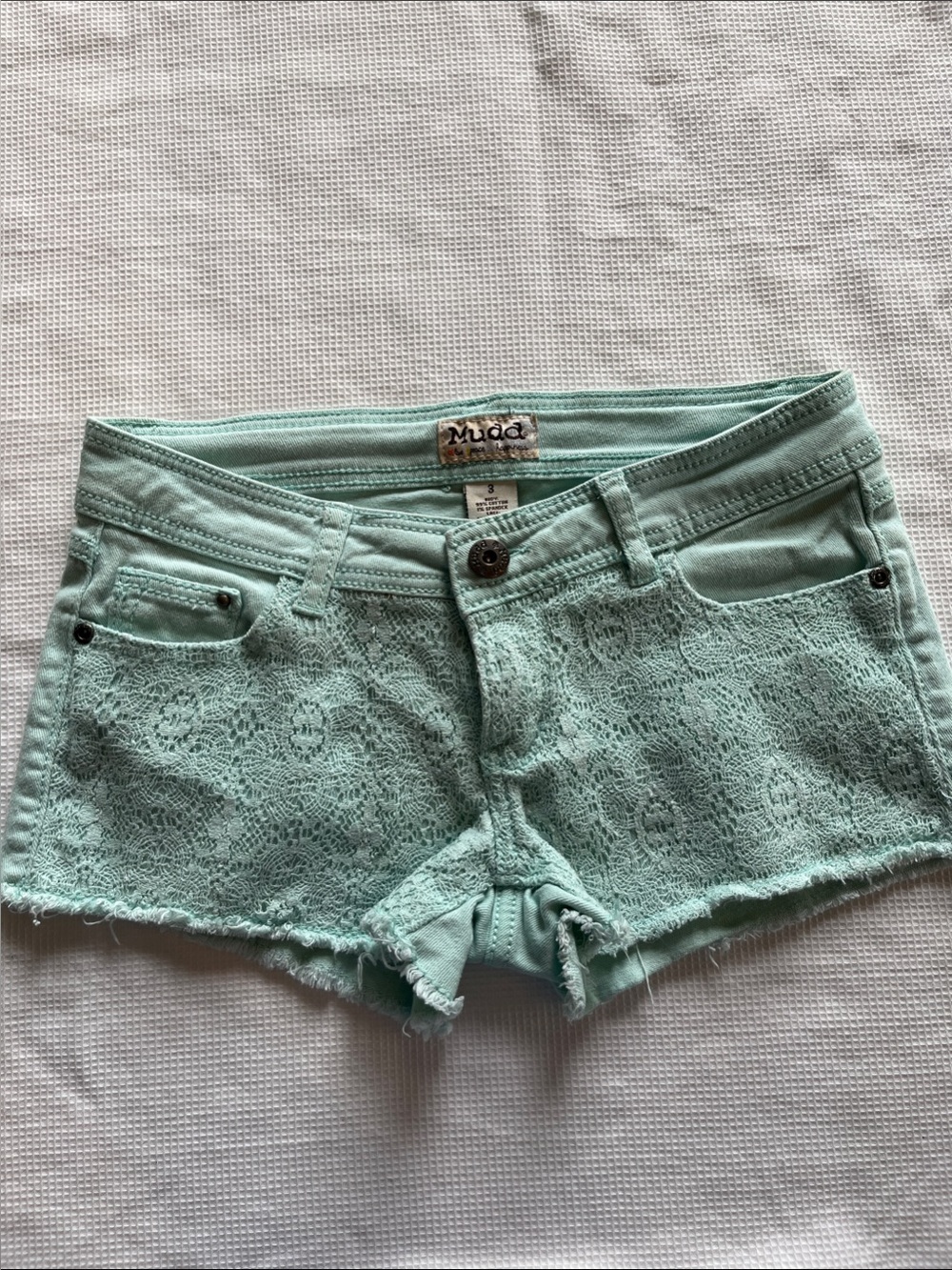 Mudd pale green-blue jean shorts-boho style lace inlay size 3